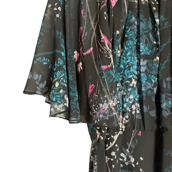 Teri Jon Rickie Freeman Chiffon Capelet Black Floral Cocktail Midi Dress 8